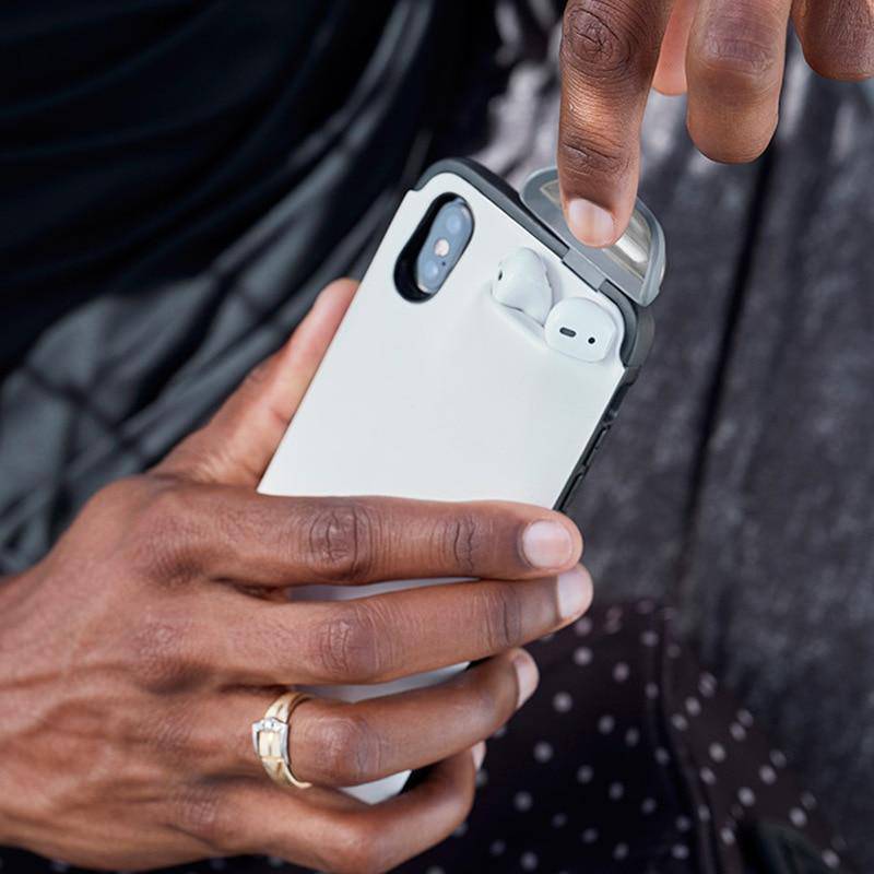 Beckett phone case with integrated AirPods holder, black silicone protective cover with cutouts for charging port and buttons