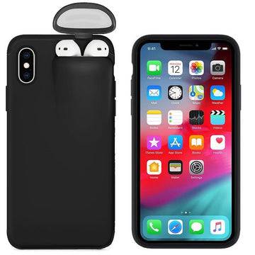 Beckett phone case with AirPods holder attached, black protective cover with textured surface and integrated accessory compartment.