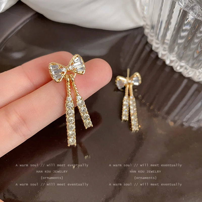 Gold Color Shiny Bow Stud Earrings For Women Fashion