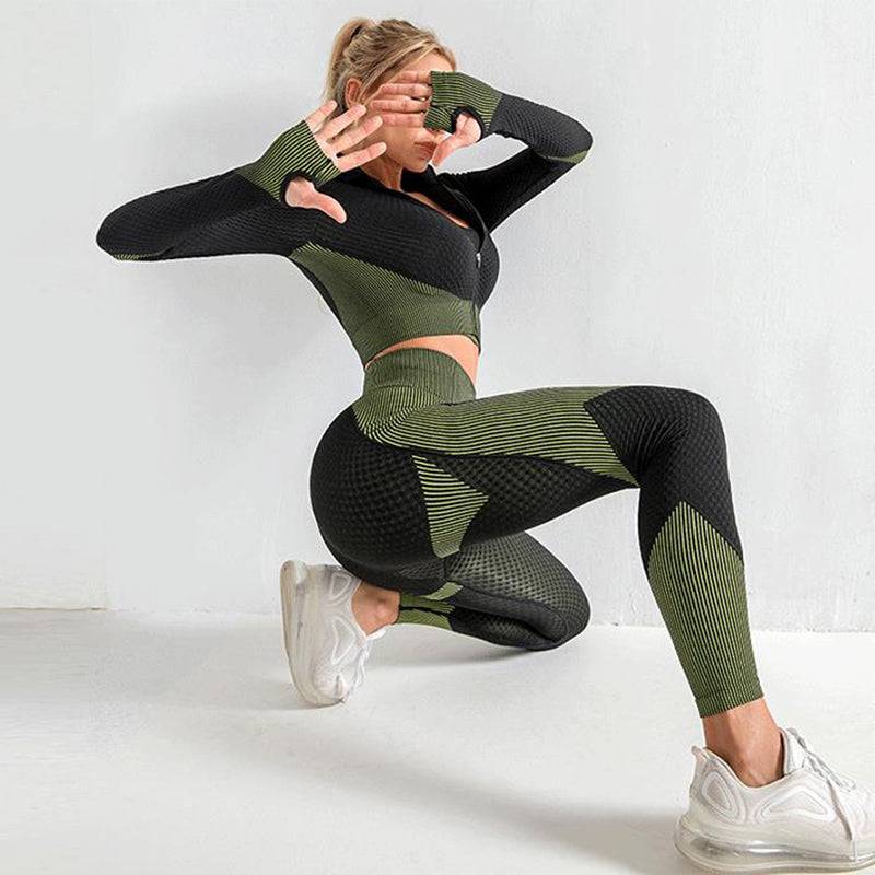 Kitchenvibe 3-piece seamless shorts set with high-waisted leggings, shorts, and sports bra, shown on a neutral background.