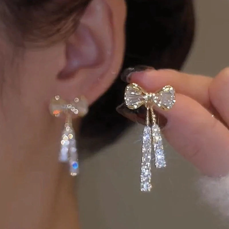 Gold Color Shiny Bow Stud Earrings For Women Fashion