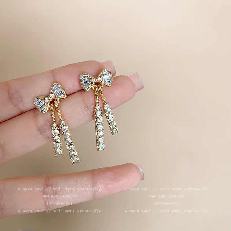 Gold Color Shiny Bow Stud Earrings For Women Fashion