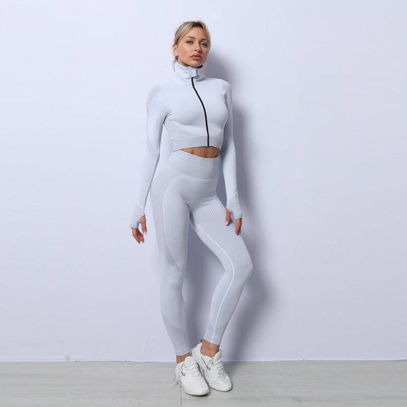 Kitchenvibe 3-piece seamless high-waisted shorts set with leggings, shorts, and matching bra, shown in a stylish, fitted design.
