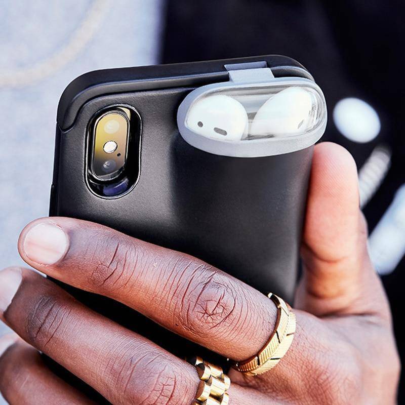 Beckett phone case with built-in AirPods holder, black protective cover for smartphone and AirPods, durable and stylish design