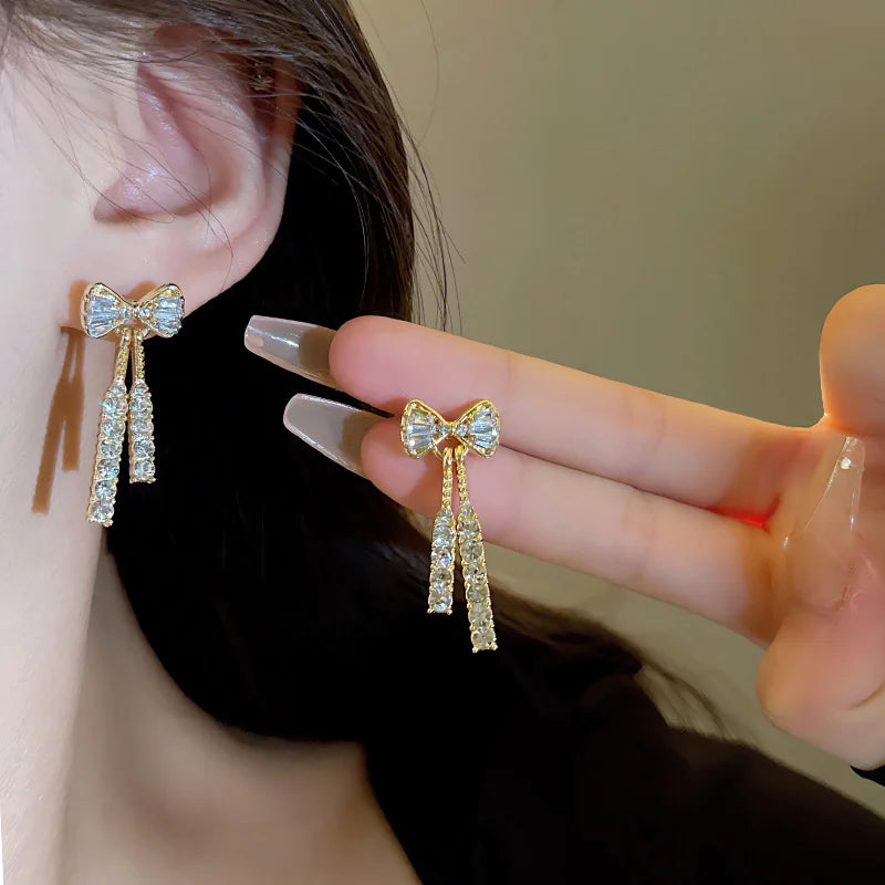 Gold Color Shiny Bow Stud Earrings For Women Fashion