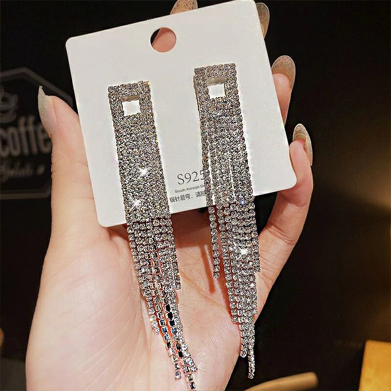 Shiny Crystal Zircon Long Stud Earrings for Women
