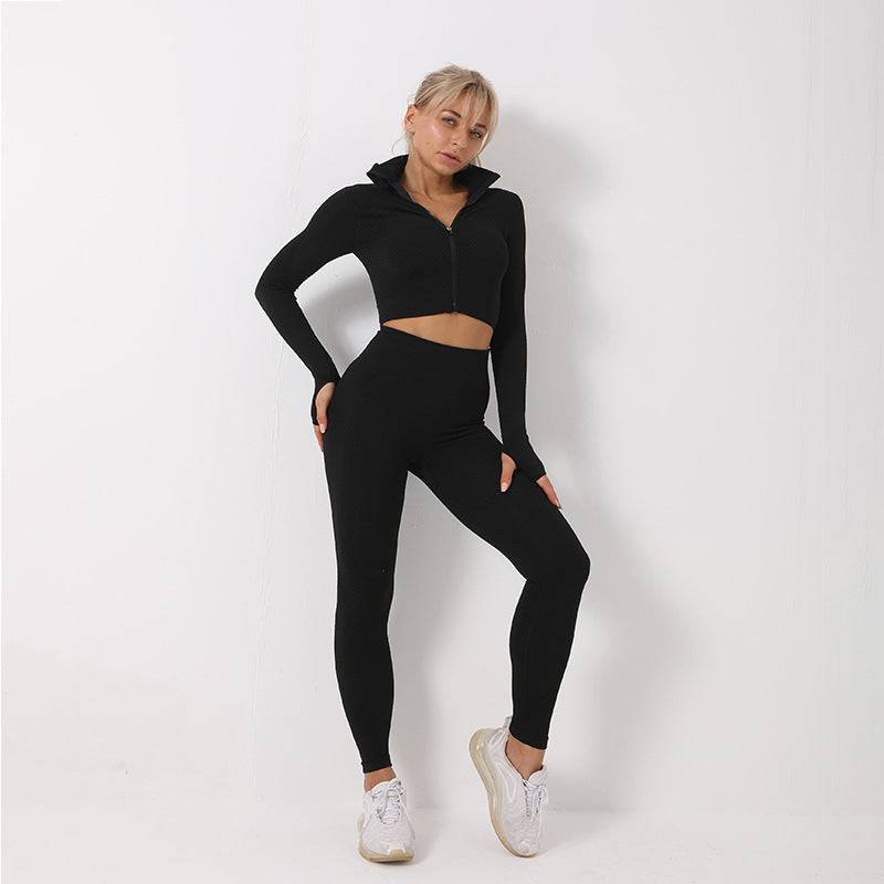Kitchenvibe 3-piece seamless shorts set with high-waisted leggings, shorts, and matching bra, shown on a neutral background.