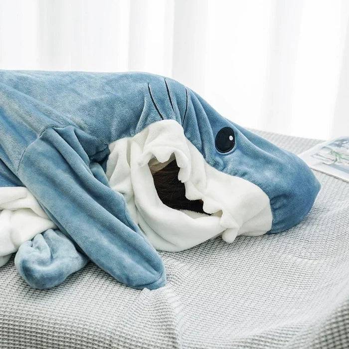 Beckett Shark onesie featuring a playful shark design with hood and fins, soft fabric perfect for cozy wear