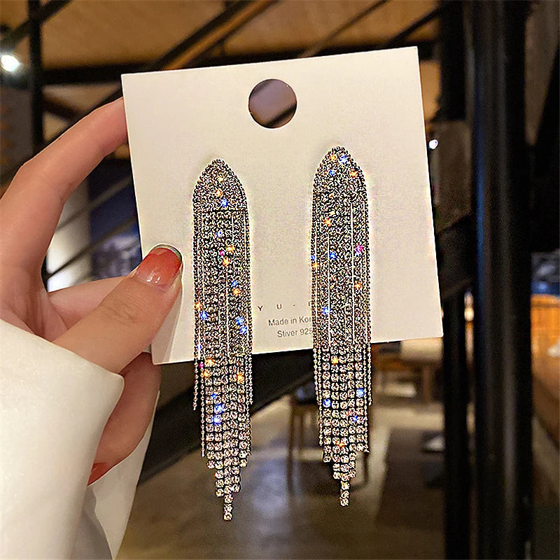 Shiny Crystal Zircon Long Stud Earrings for Women