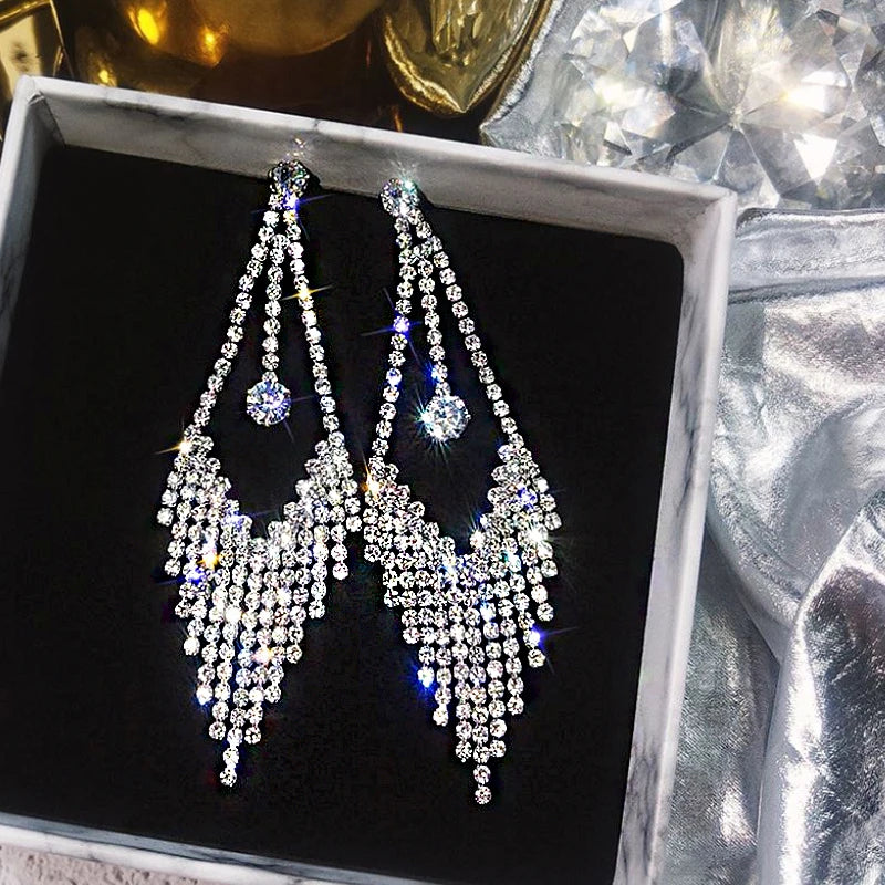 Shiny Crystal Zircon Long Stud Earrings for Women